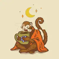 Cozy Monkey with Coffee Mug Under Crescent Moon - design