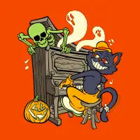 Black Cat Pianist and Halloween Ghouls - design
