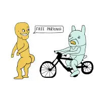 Yellow Naked Man Offers Free Parking to a Worried Green Creature - design