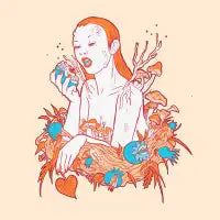 Persephone goddess of the seasons eating a magic pomegranate psychedelic surrealist mushrooms design - design