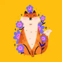 Orange Fox and purple flowers - design