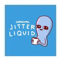 STRANGE PLANET: CONSUME JITTER LIQUID ON BLUE BACKGROUND - design