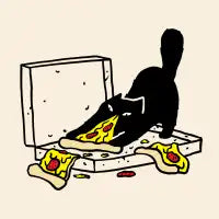 A black cat destroying a box of pizza - design