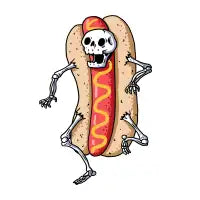 A skeleton wearing a hot dog costume - design