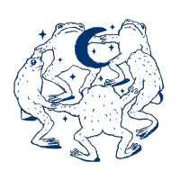 Frogs dancing in circle around a crescent moon - design
