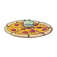 Tiny frog sitting on a pizza saver - design
