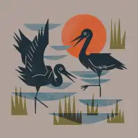 Cranes Wading At Sunset - design
