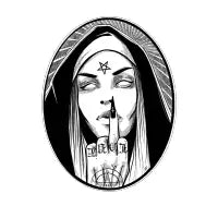 Cheeky Nun and her Middle Finger - black ink painting, Pentagram, Love, satan lover, God Lover, - design