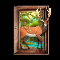 Venado saliendo de un cuadro de un paisaje del bosque - design