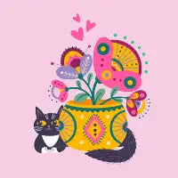 Cat Behind a Folk Art Flower Vase – Cute Floral Cat - design