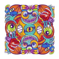 Psychedelic monsters doing stupid things in a pattern design - design
