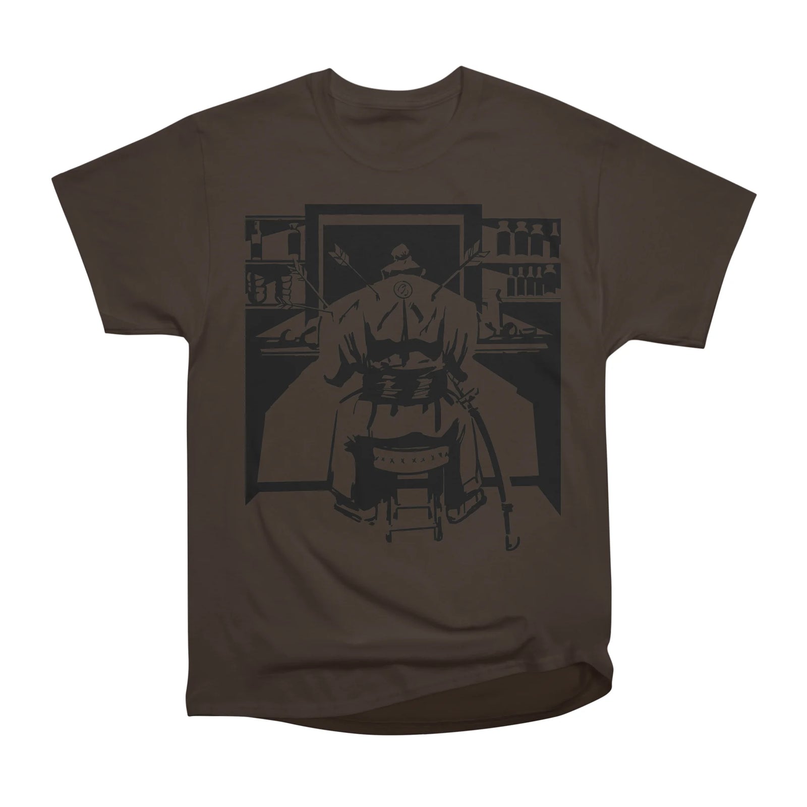 Battle worn samurai sits in a bar line art