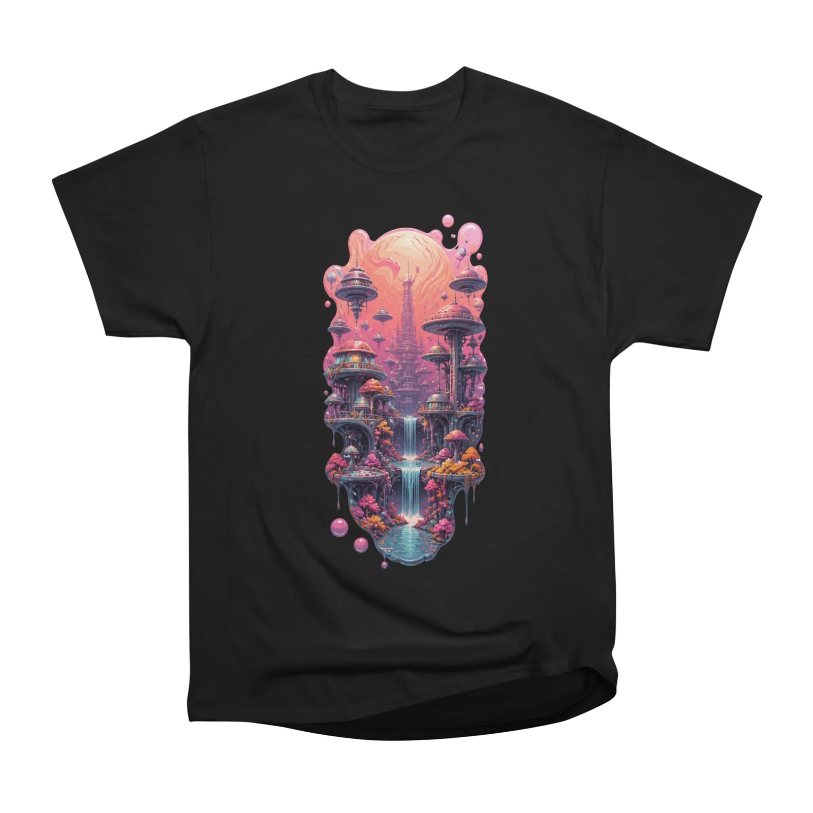 Futuristic Pink Sci-Fi City Cyberpunk Waterfall Architecture Art