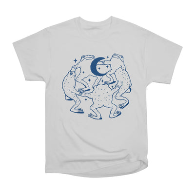 Frogs dancing in circle around a crescent moon