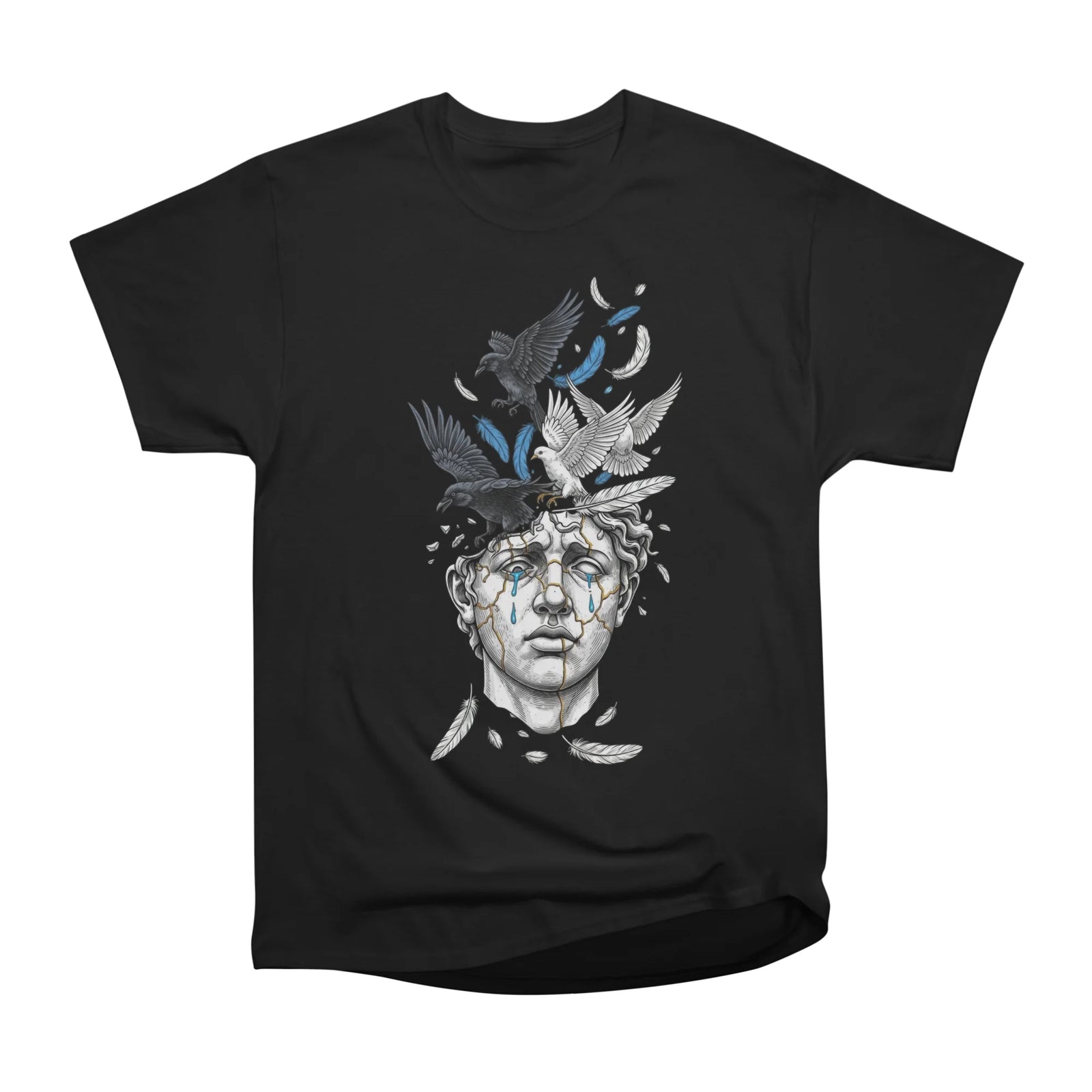Weeping Statue Head Exploding with Birds Illustration