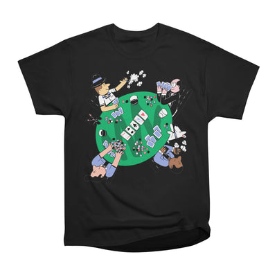 Funny Poker Night Cartoon Players with Dog and Cat Card Game Illustration