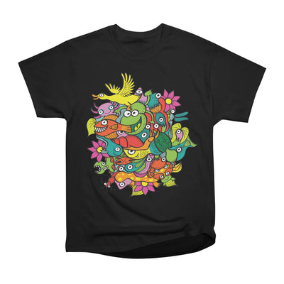 A funny crowd of colorful creatures living a symbiotic life in a fantasy pond