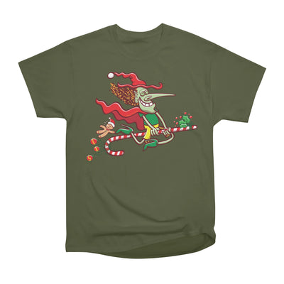 Halloween witch riding a Christmas candy cane