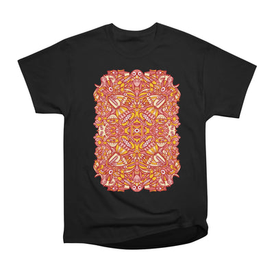 Red and yellow pattern design full of weird fantastic creatures