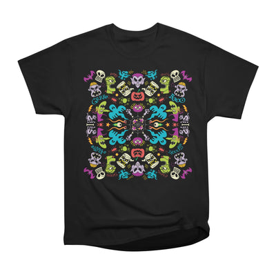 Spooky Halloween characters and symbols celebrating in a colorful pattern design